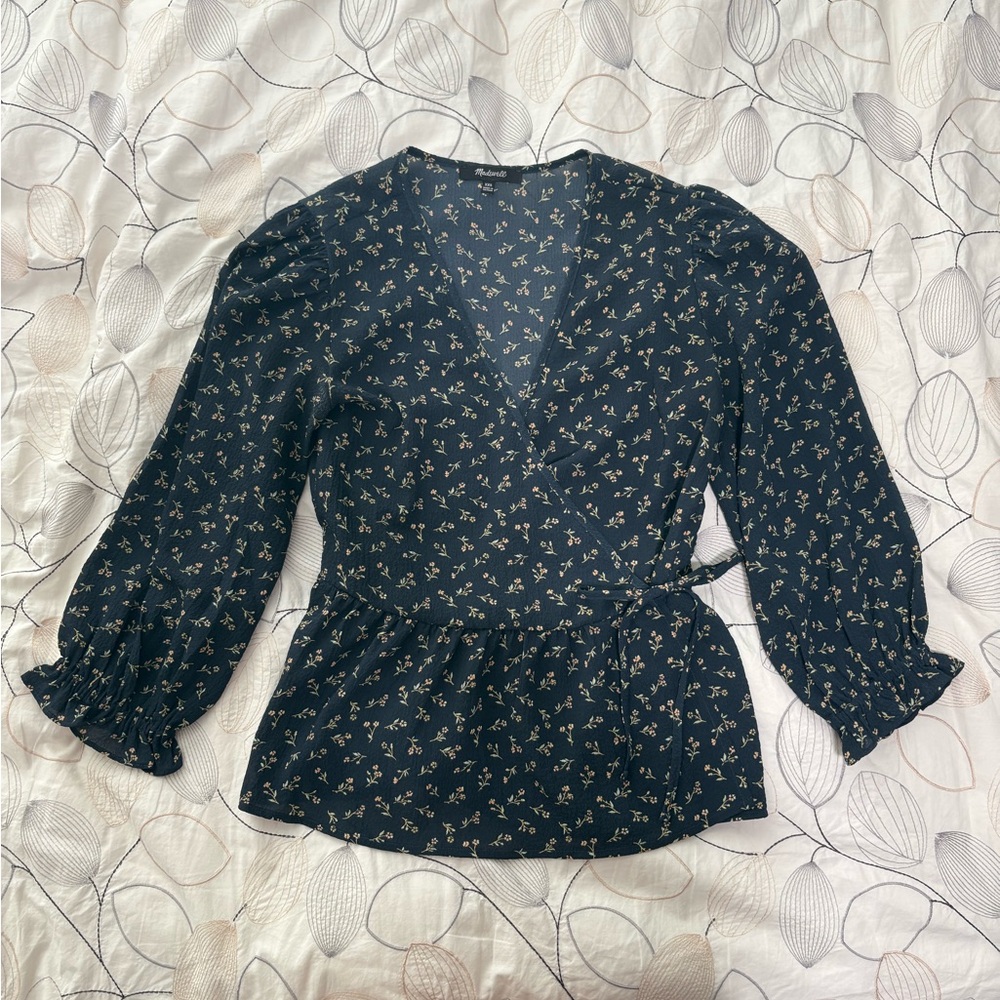 Madewell Navy Floral Wrap Blouse